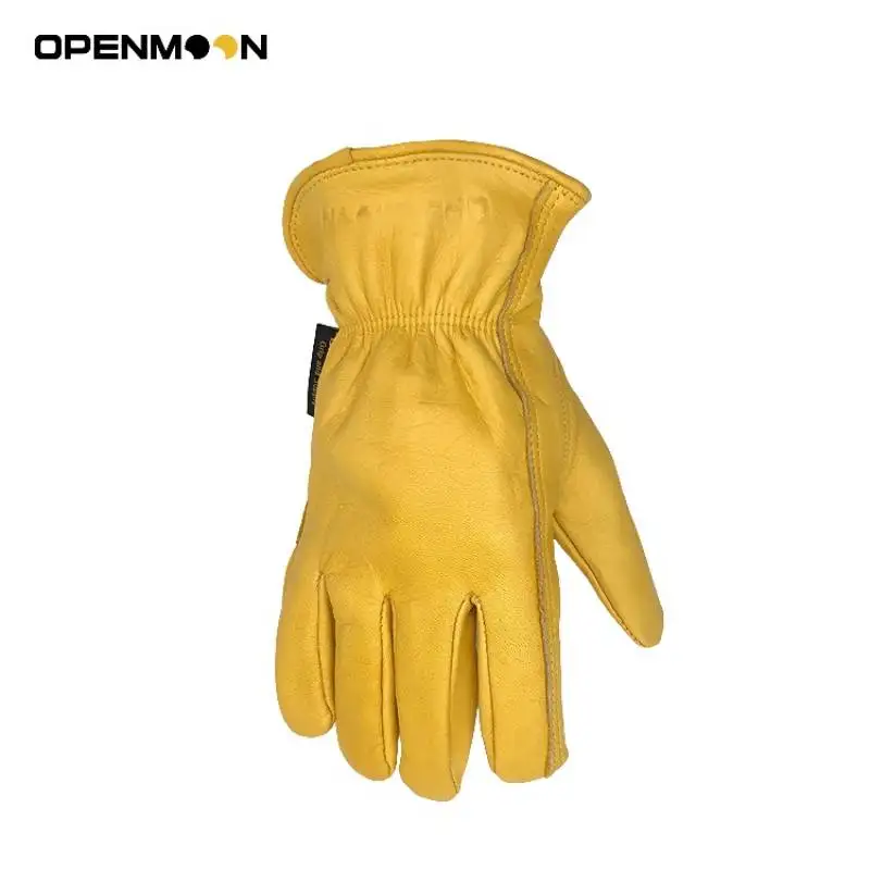 OPENMOON Flex Grip Leather Work Gloves Stretchable Wrist Tough Cowhide Working Glove 1 Pair (Black)