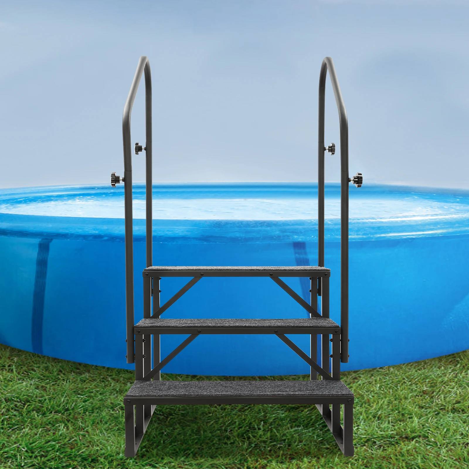 3-Step RV Step Ladder  RV Steps with Handrail 450Lbs Per Step Load Capacity 3-step Stairs Steps with Anti-slip Handrail