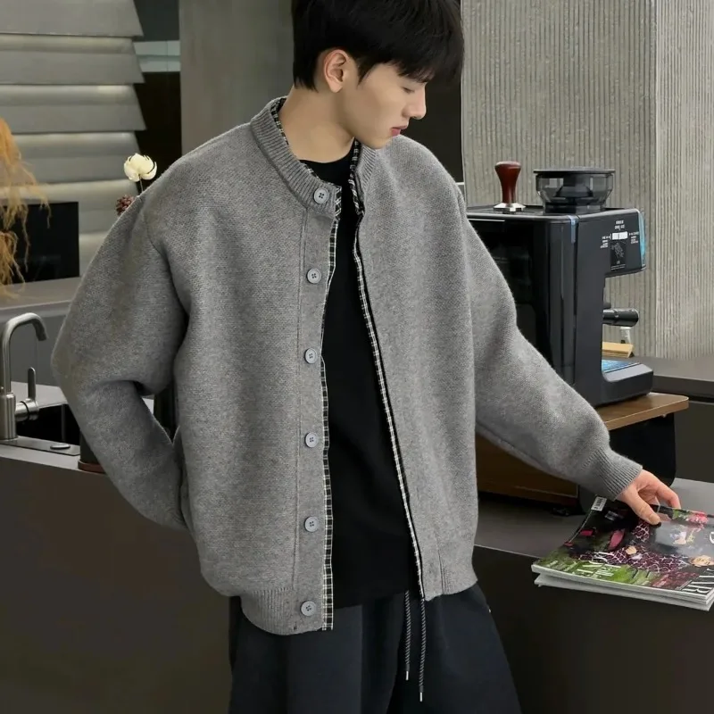 Autumn Winter Coat Men's Fake Two-piece Fashionable Knitted Plaid Splicing Loose Casual Sweater Korean Style Cardigan