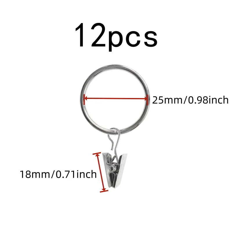 12 pcs 25mm Metal Curtain Hanger Rings Easy Slide On Rod, designed for Bathroom Shower Panels, Strong Clip Grip