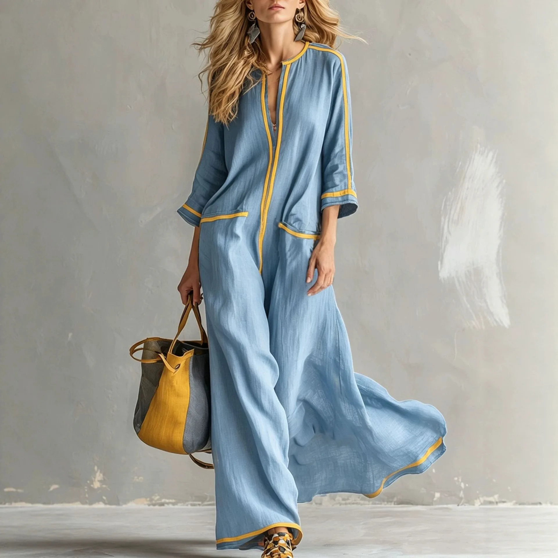 S-XXL Striped Cotton Linen Ankle-Length Dress with Pockets, V Neck 3/4 Sleeve Loose Fall Vacation Maxi Dress