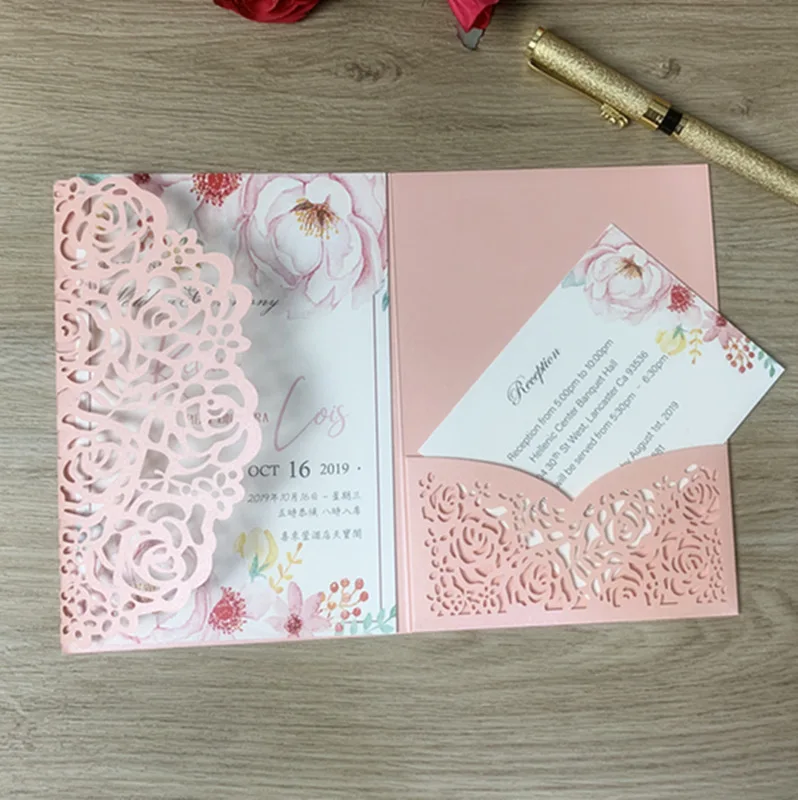 (100 pieces/lot) Laser Rose Ivory XV Birthday Invitations Customize Print Wedding Business Invite Card With Thank You Card IC132