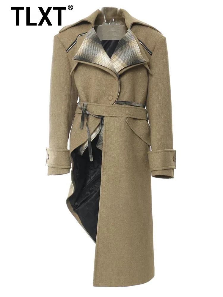 

TLXT Fashion Women's Chic Long Trench Coat With Asymmetrical Hem And Plaid Detailing Belted Waist Outerwear 2025 New XK1587