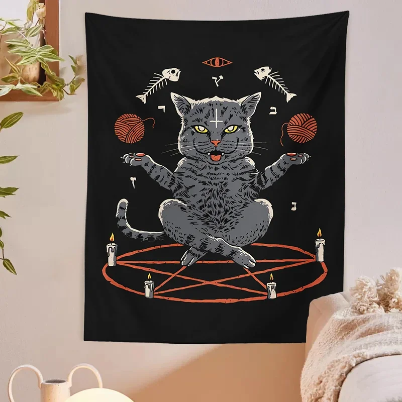 Cat Witchcraft Tapestry Wall Hanging For Living Room Bedroom Decor Tapestries Hidden Home Wall Black Cool Decor Cat Coven print