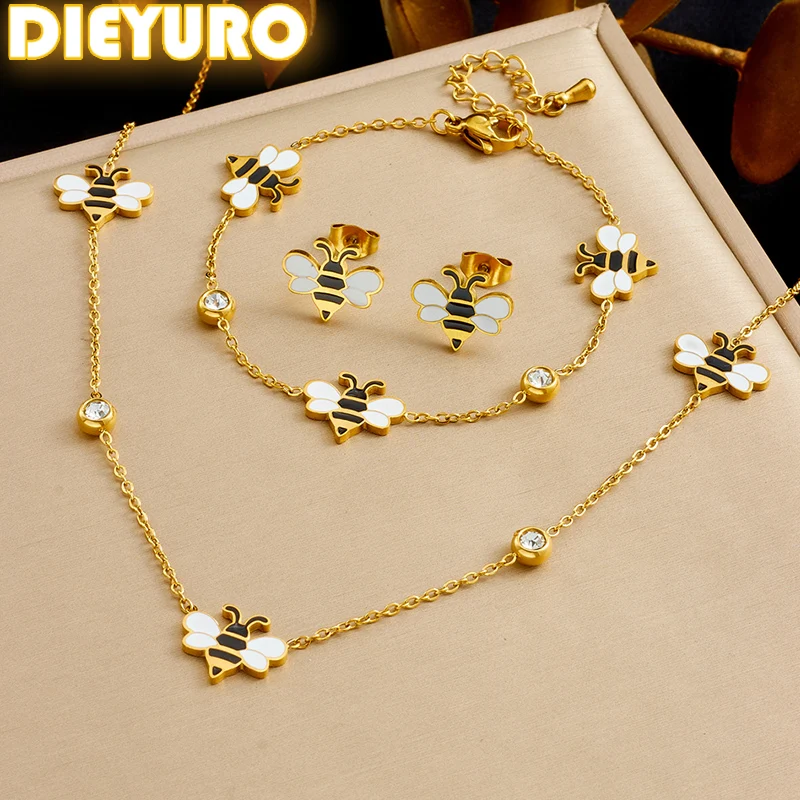 

DIEYURO 316L Stainless Steel Cute Cartoon Bee Necklace Bracelet Earrings Set For Women New Fashion Waterproof Jewelry Gift Set