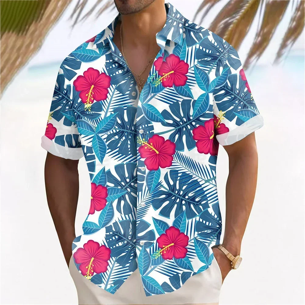 Plant Print Men's Hawaiian Beach Shirt Summer Casual Short Sleeved Collared Shirt Holiday Shirt for Men