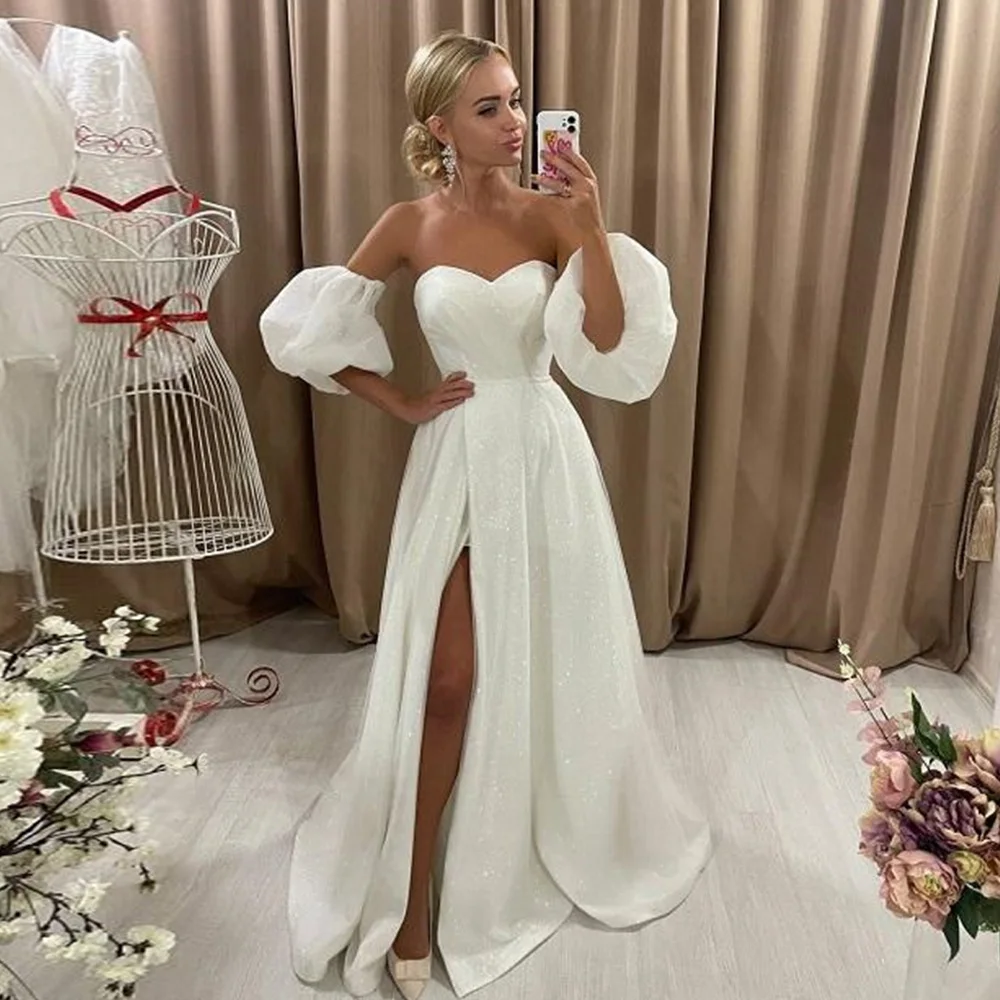 

Simple Glitter Wedding Gowns Deep Sweetheart Puff Sleeves Long Bridal Dresses Side Split Sexy A Line Tulle Women Bride Dresss