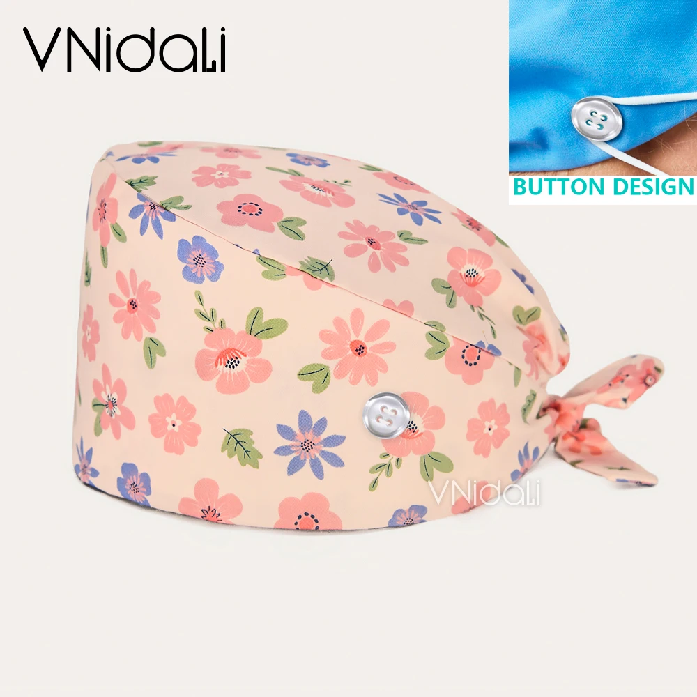 Women flowers Printed Cotton Breathable Scrub cap With sweat towel Nurse Hat Lab Pet Shop Button nursing hat gorro enfermera