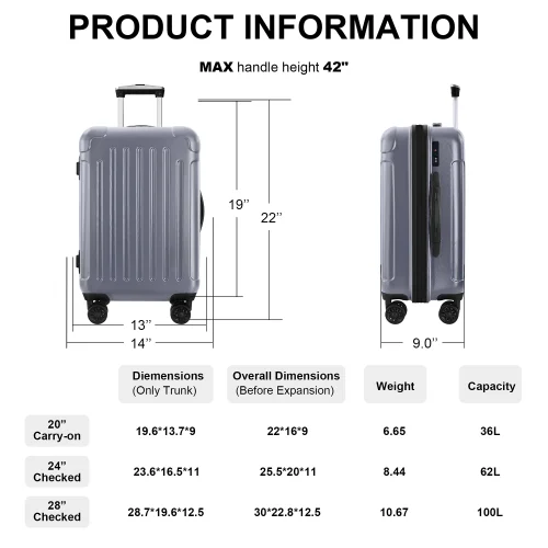 Luggage 3 Piece Sets with Spinner Wheels ABS+PC Lightweight (20/24/28)