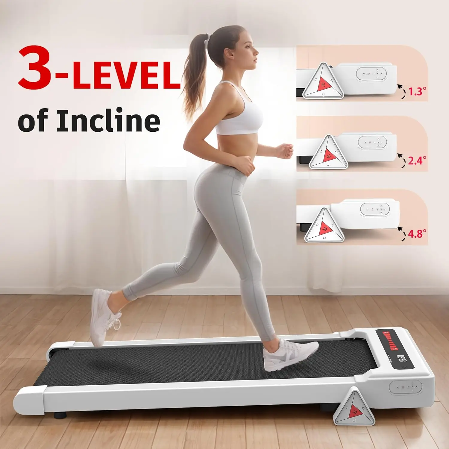 3-Level Incline 2-in-1 Under Desk Running Machine 2.25HP Low-Noise Installation-Free Walking Pad for Home Office