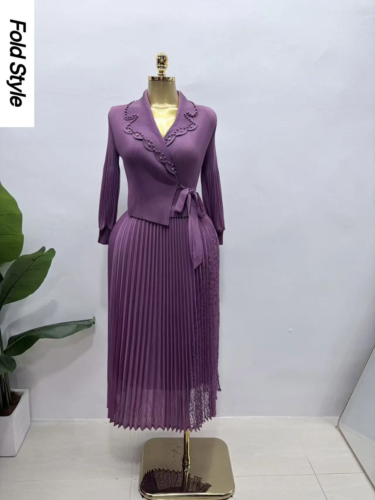 

Miyake Crumpled Loose Dress Fashionable Africa 2026 New Splicing Bead Temperament Elegant Long Dress Women's Clothing