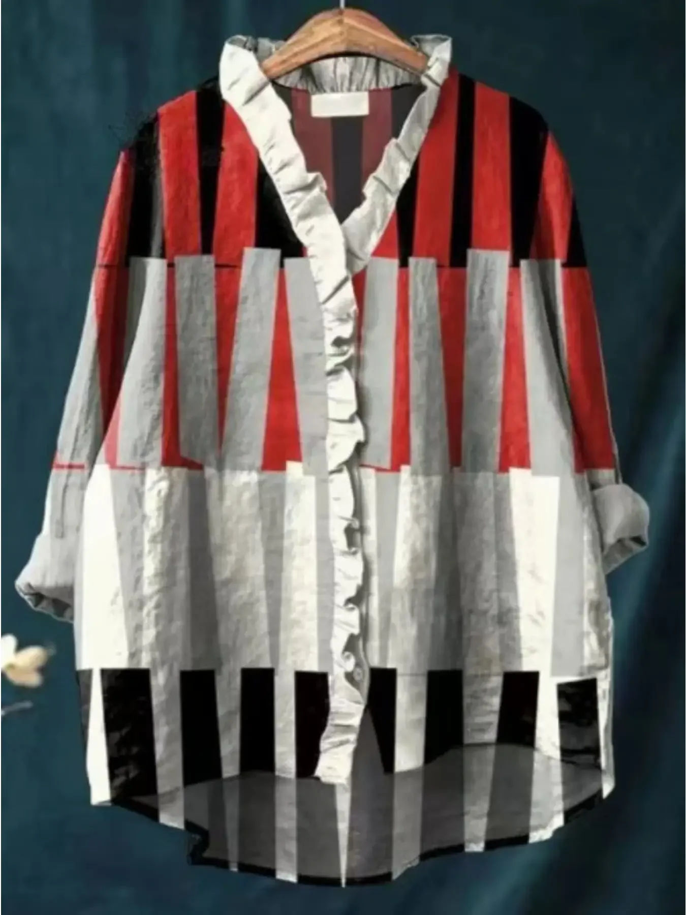 New women's printed long sleeved shirt with ruffled neckline, Retro Art Casual Women's Clothing