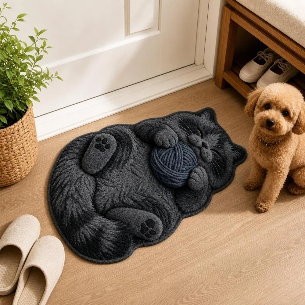 Soft 2D Cat-Shaped Area Rug Anti-fouling Easy to Clean Home Decor Carpet Non-Slip Cartoon Carpet Living Rooms