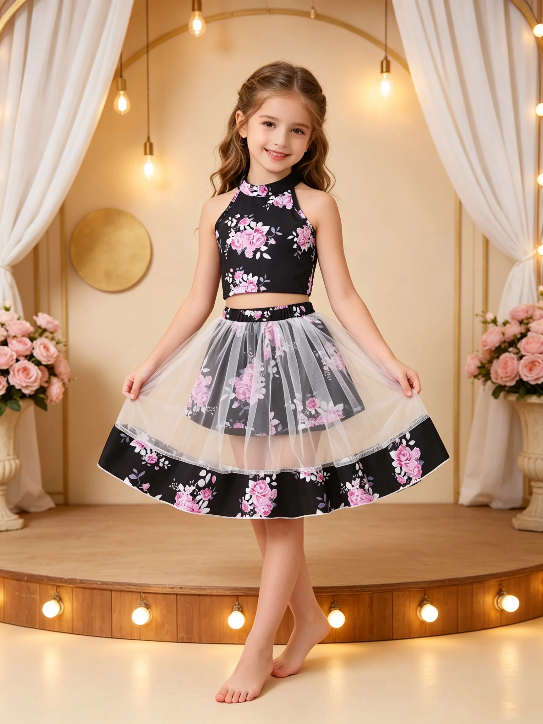 Kinder-Set mit Blumenmuster: Ärmelloses Oberteil mit Rundhalsausschnitt und elastischem Bund, Netzrock, Kinderoutfit – Detail 2