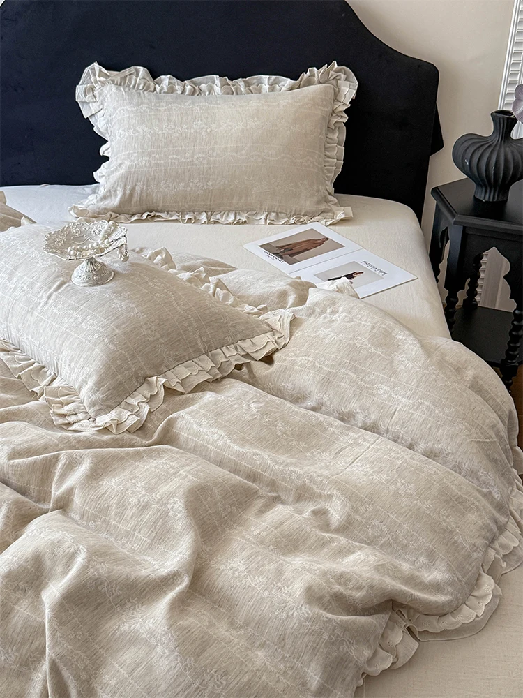 Soft Cotton Linen Romantic Lace Bedding Set Breathable Pure Cotton Bed Sheet Quilt Cover Pillowcase Bedding Accessories
