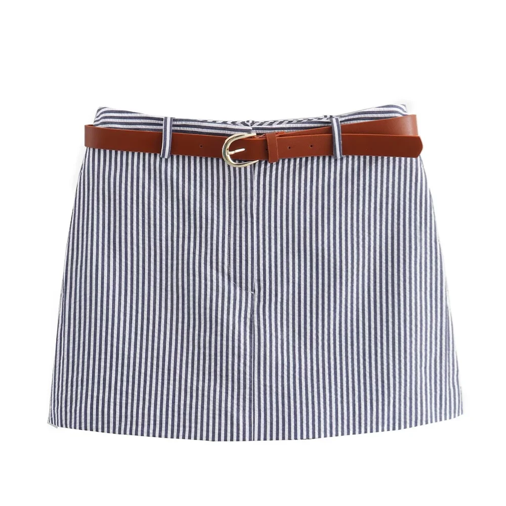 PB&ZA2024 Summer New Women\'s Fashion, Elegance, Slim Fit, Casual 100 Paired Belt, Short Striped Skirt Pants