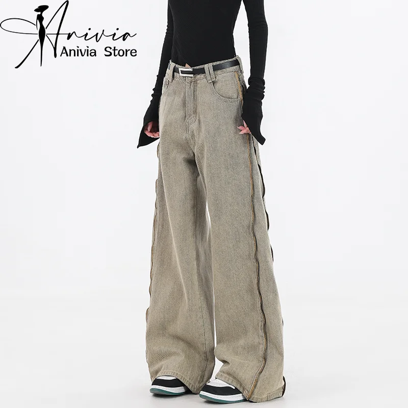 

Harajuku Streetwear Retro Fashion Women High Waist Jeans Design zippers Wide Leg Straight Loose Denim Trousers Y2K Baggy Pants