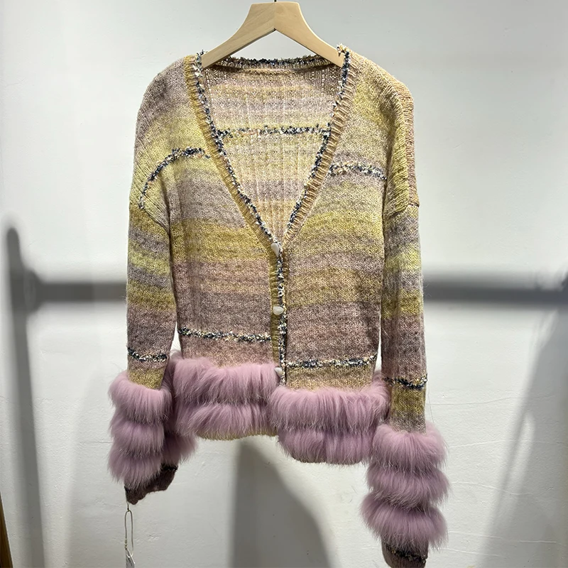 2025 Musim Gugur Wanita Jaket Sweater Rajut Tipis Dekorasi Bulu Rubah Berwarna Gradasi