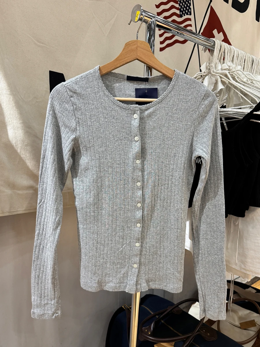 

Серые футболки с длинными рукавами, женские весенние однобортные хлопковые футболки с круглым вырезом, новые винтажные универсальные тонкие футболки, топы Y2k