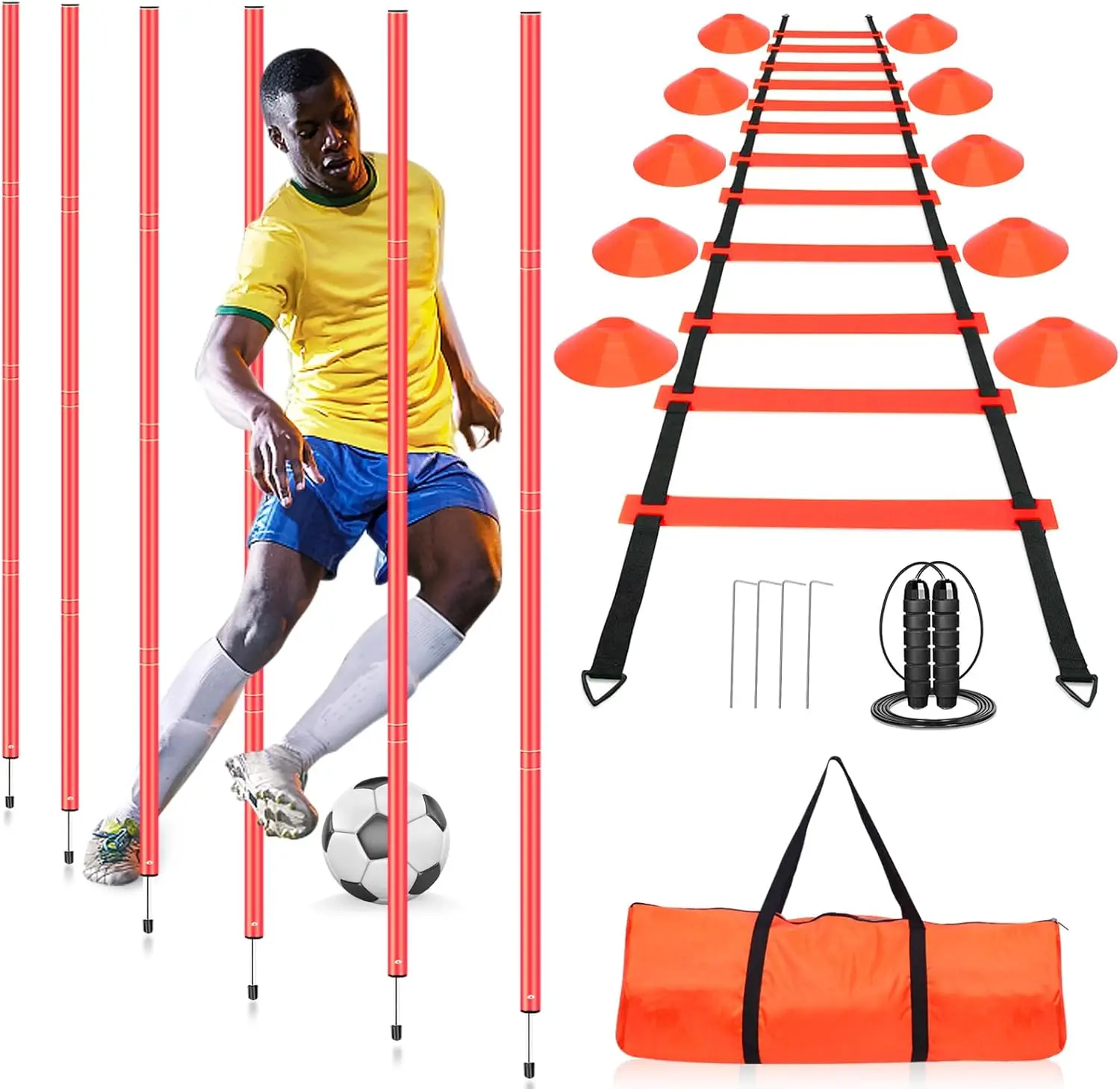 

Agility Training Poles Set with Ladder, Cones & Jump Rope for Soccer, Basketball Speed Drills