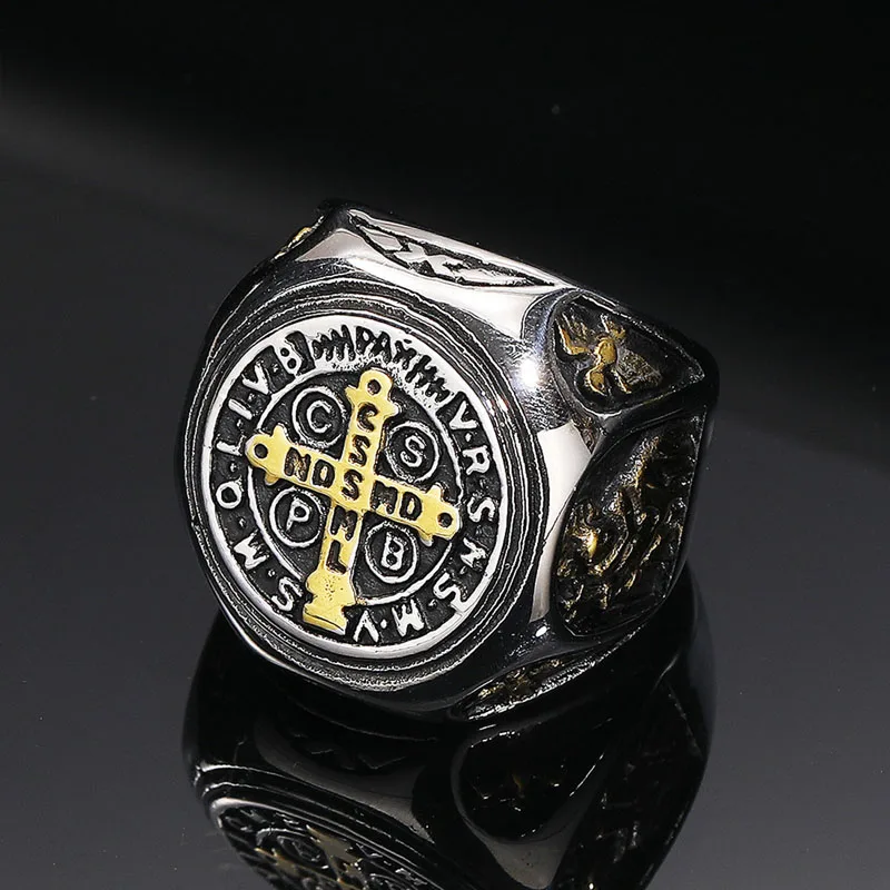 Vintage Exorcism Saint Benedict Cspb Cross Ring Men Punk Amulet Christianity Rings Stainless Steel Jewelry Gift Wholesale