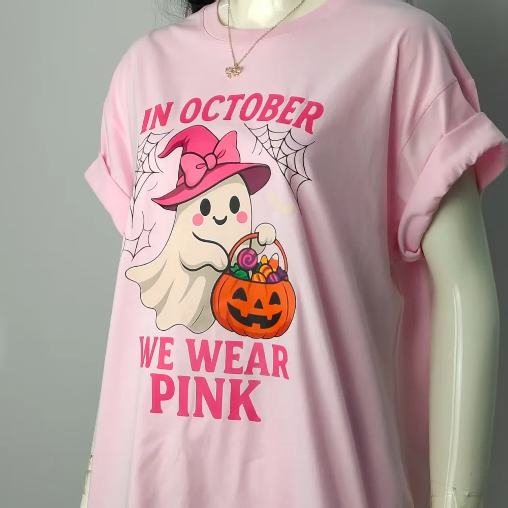 In October We Wear Pink Tshirt Cute Ghost Halloween Sublimation Shirt Breast Cancer Awareness Spooky Tee Women Daily Life Tops view 4