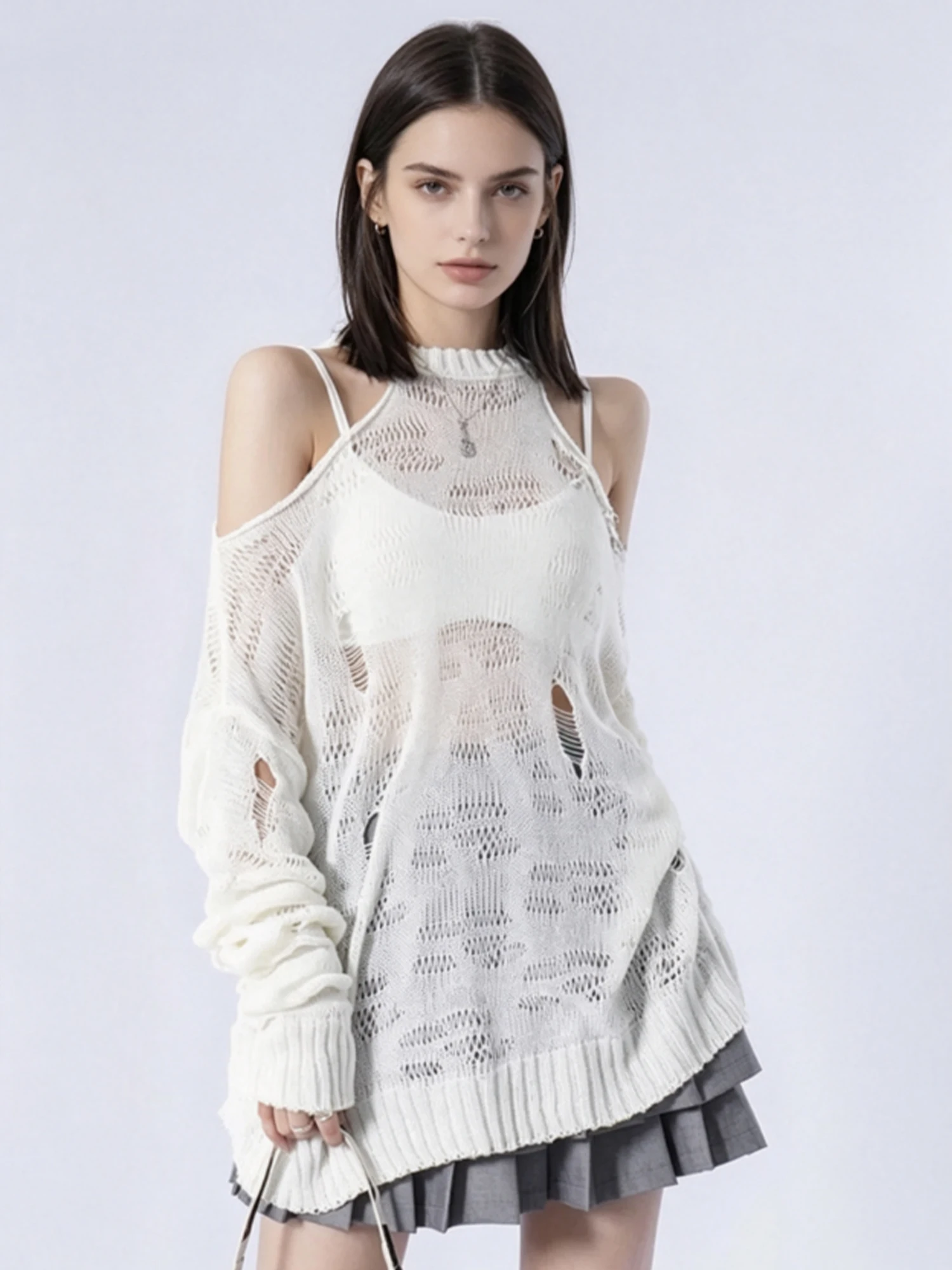 Women's White Long Sleeve Halter Hollow Knit T-shirt Cover Up Y2K Gyaru T-shirt Loose Sun Protection Tee Top Women Spring Summer