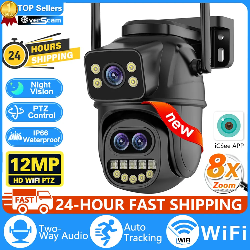 

12MP 6K WiFi IP Camera Outdoor 8X Zoom Dual Screens 6MP PTZ Wifi Surveillance Camera Night Vision ICSEE APP CAM Human Detection