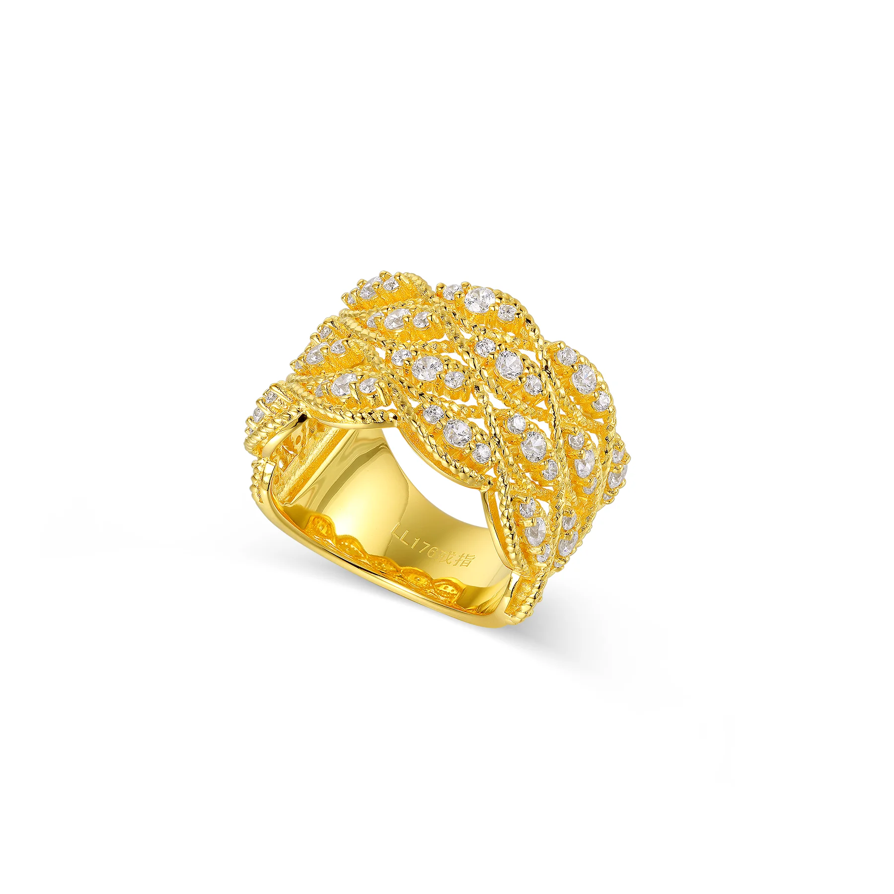 2024 Woven 9k gold carving retro style hollow pattern hand-brushed lace ring with diamond inlay