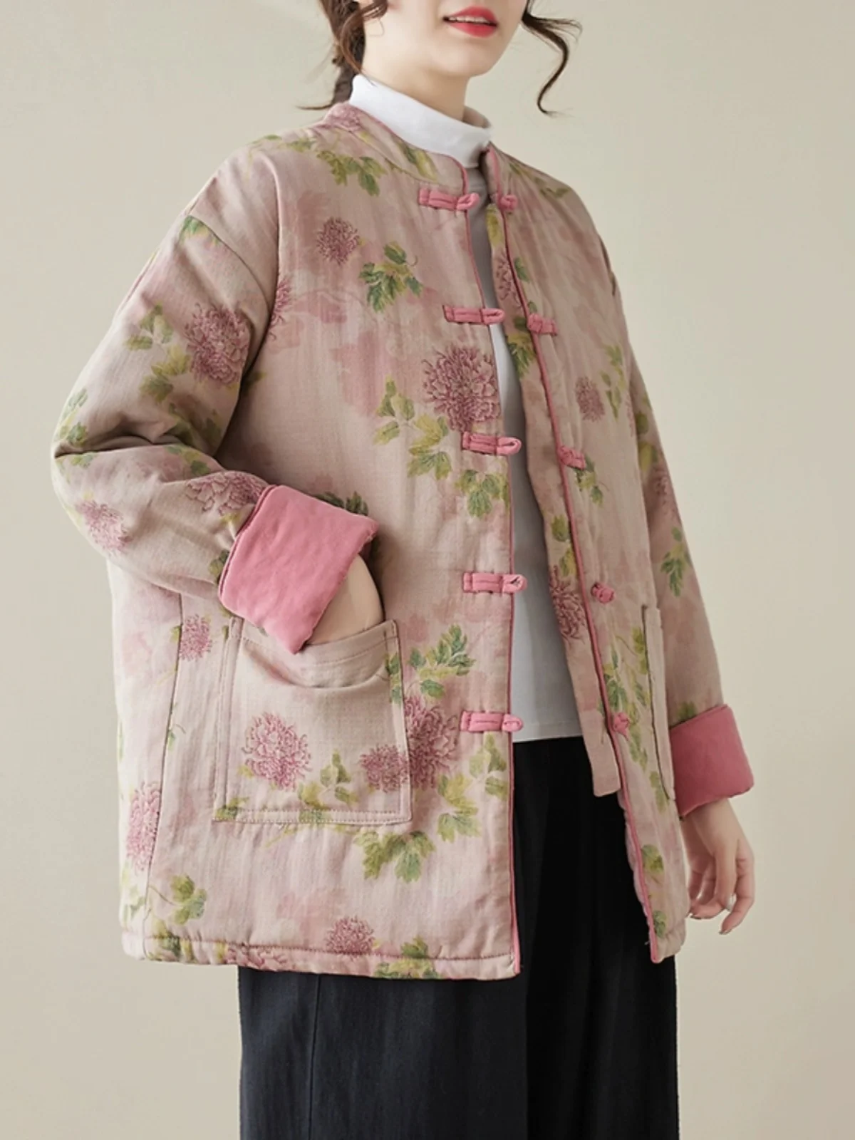 

New Chinese Sle Loose Fit Retro National Sle Women's Cotton Jaet with Stand Collar Thiened Warm Printed Button down Coat