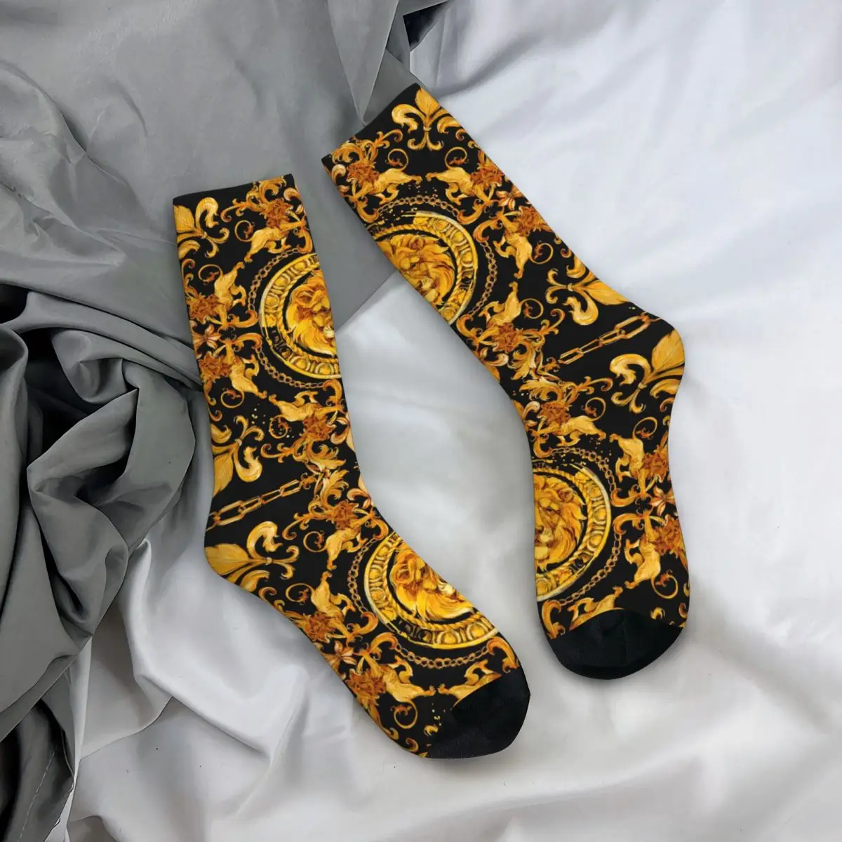 Happy Funny Male Men Socks Golden Lion And Damask Ornament Luxury Sock Polyester Skateboard Women Sock Spring Autumn Winter