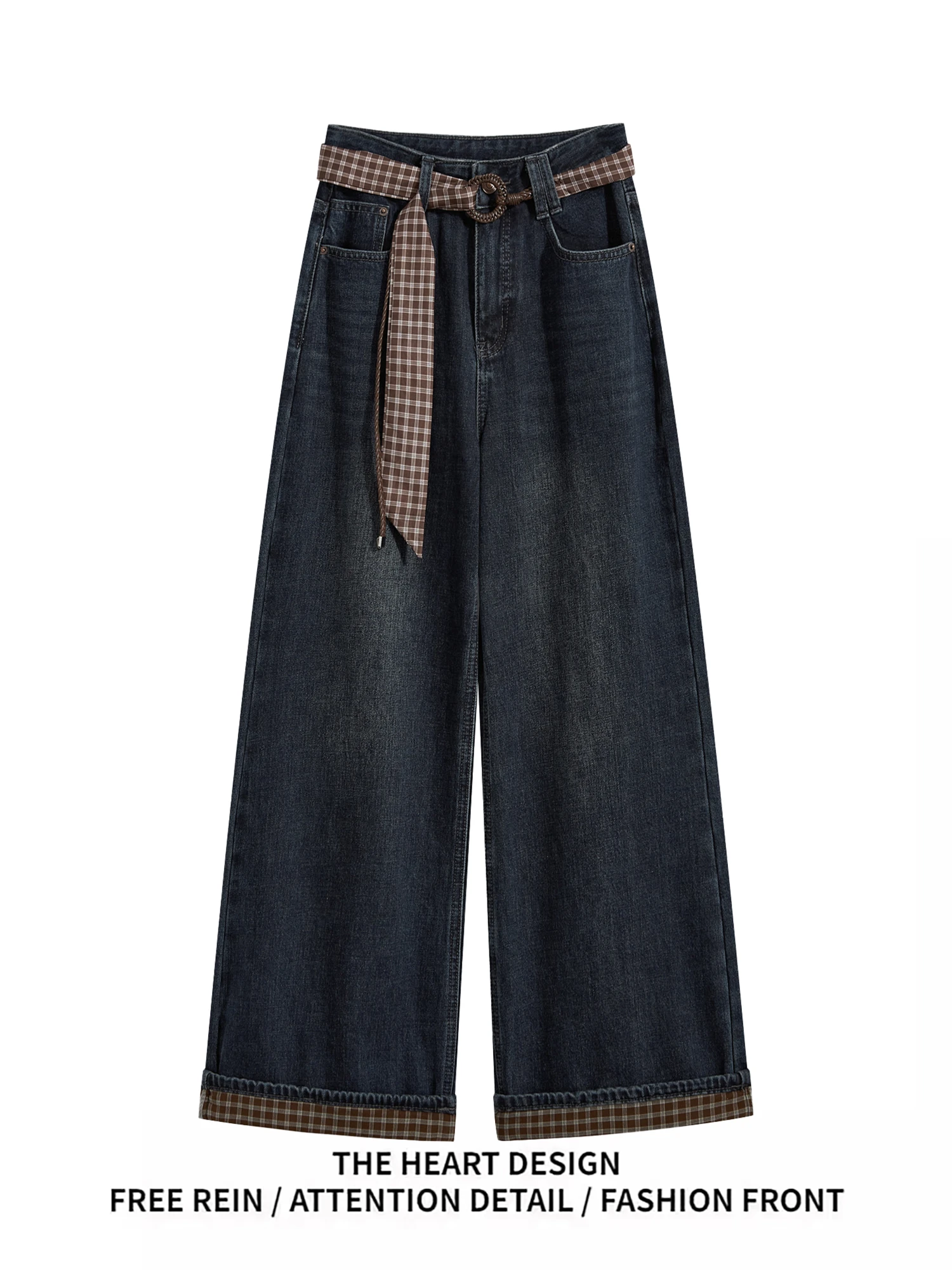 

Women's Y2K Streetwear Oversized Baggy Jeans Black Denim with Plaid Patchwork Wide Leg Trousers Casual Fashion Pants