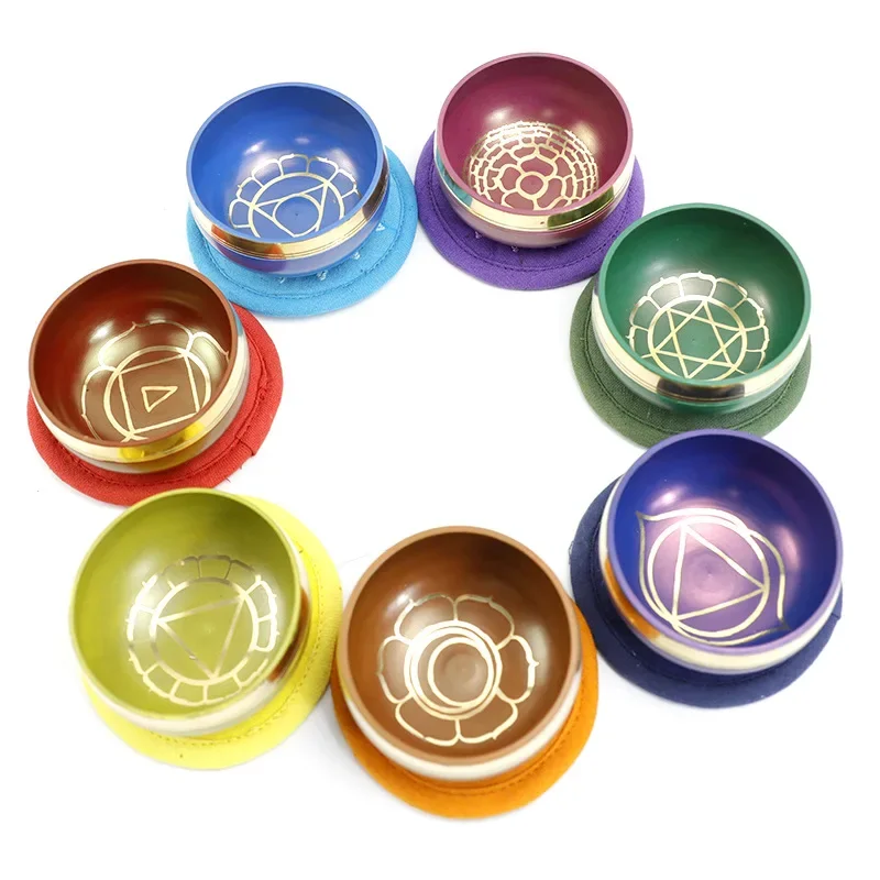 Seven Chakra Colors & Pulse Symbols Imprinted Tibetan Song Bowl Set Mat & PU Mallet