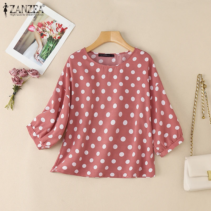 

Женские повседневные блузки ZANZEA в горошек, летние легкие пуловеры с круглым вырезом и рукавами 3/4, свободные топы для повседневной носки, Blusas de Mujer