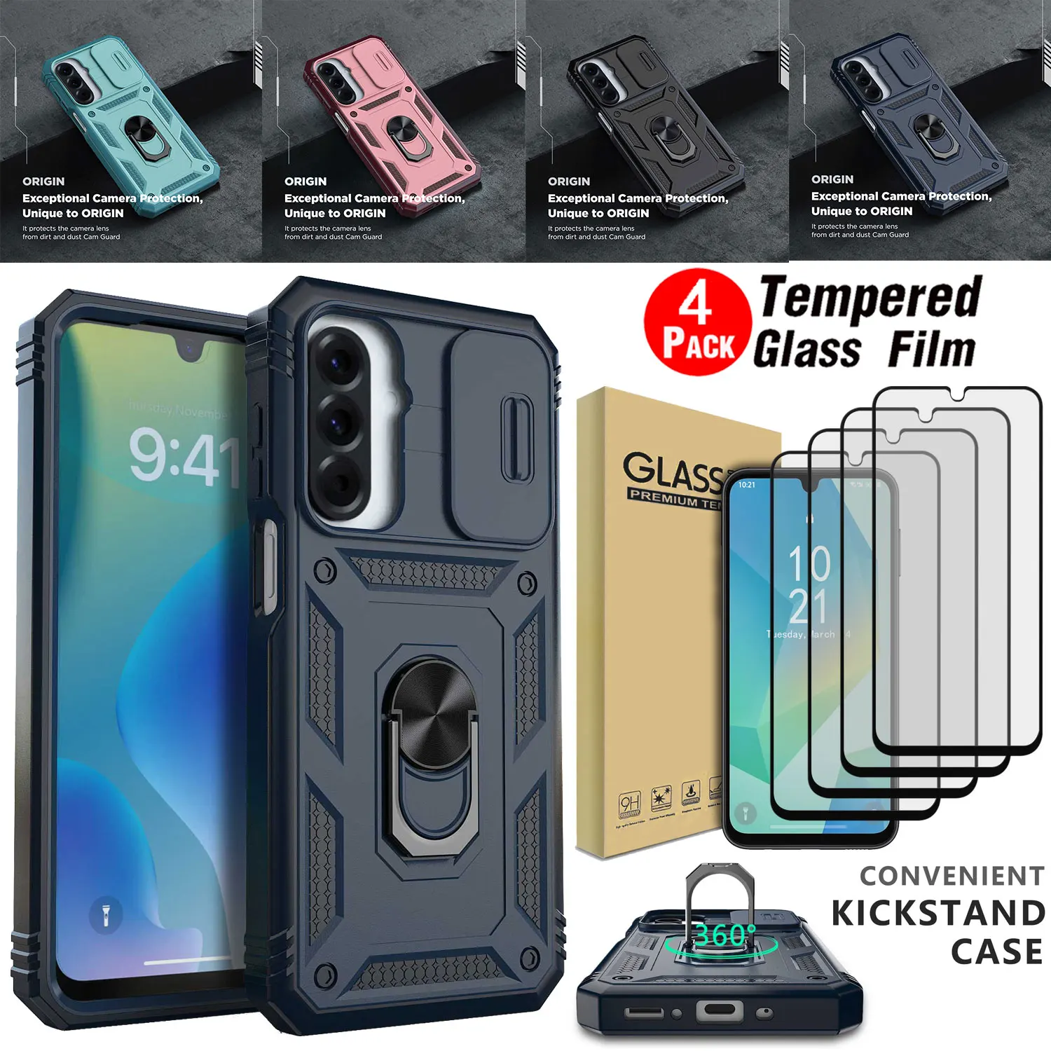 

For Samsung For Galaxy A26 Camera Lens Slide Protect Case Ring Stand Rugged Cover +4PCS Clear Tempered Glass Screen Protector