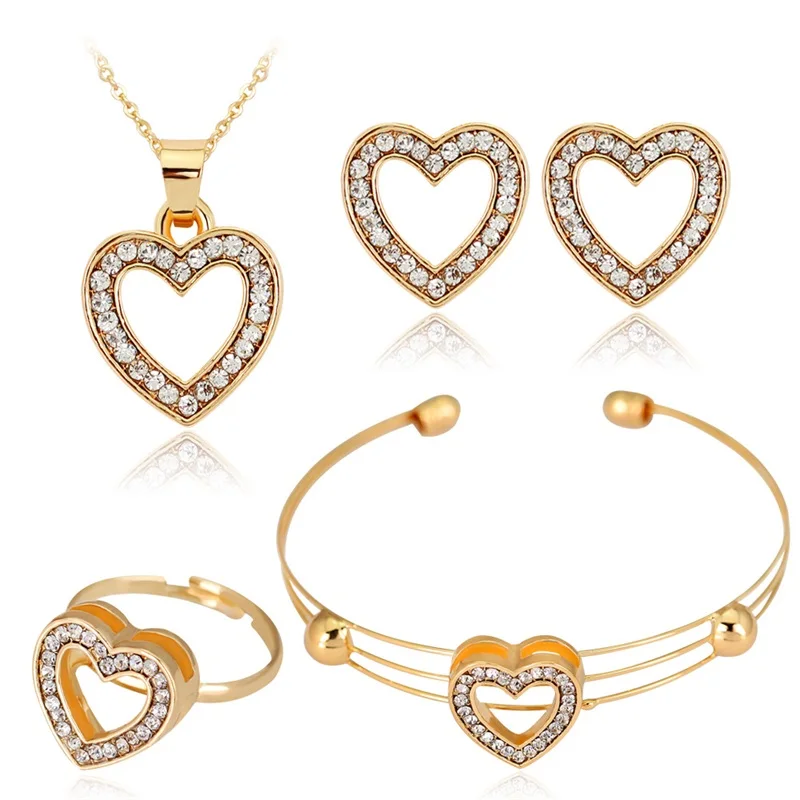 Conjunto de joyería de corazón de moda creativa para mujer, pulsera, COLLAR COLGANTE, pendientes de tuerca y anillo, regalos de aniversario para niñas