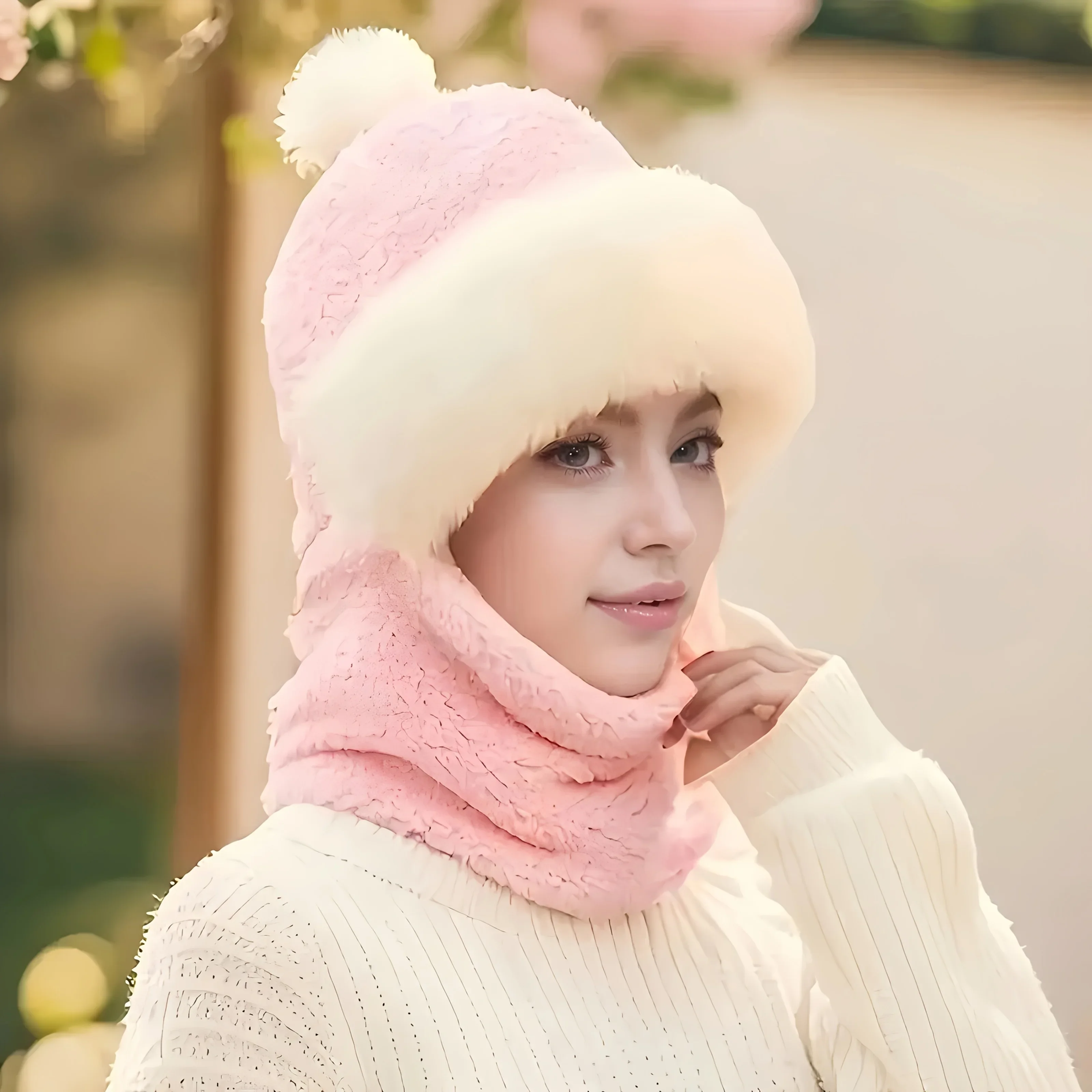 Plush and Soft Winter Brimless Ear Protection Jumpsuit Scarf, Women's Thick Warm Riding Hat