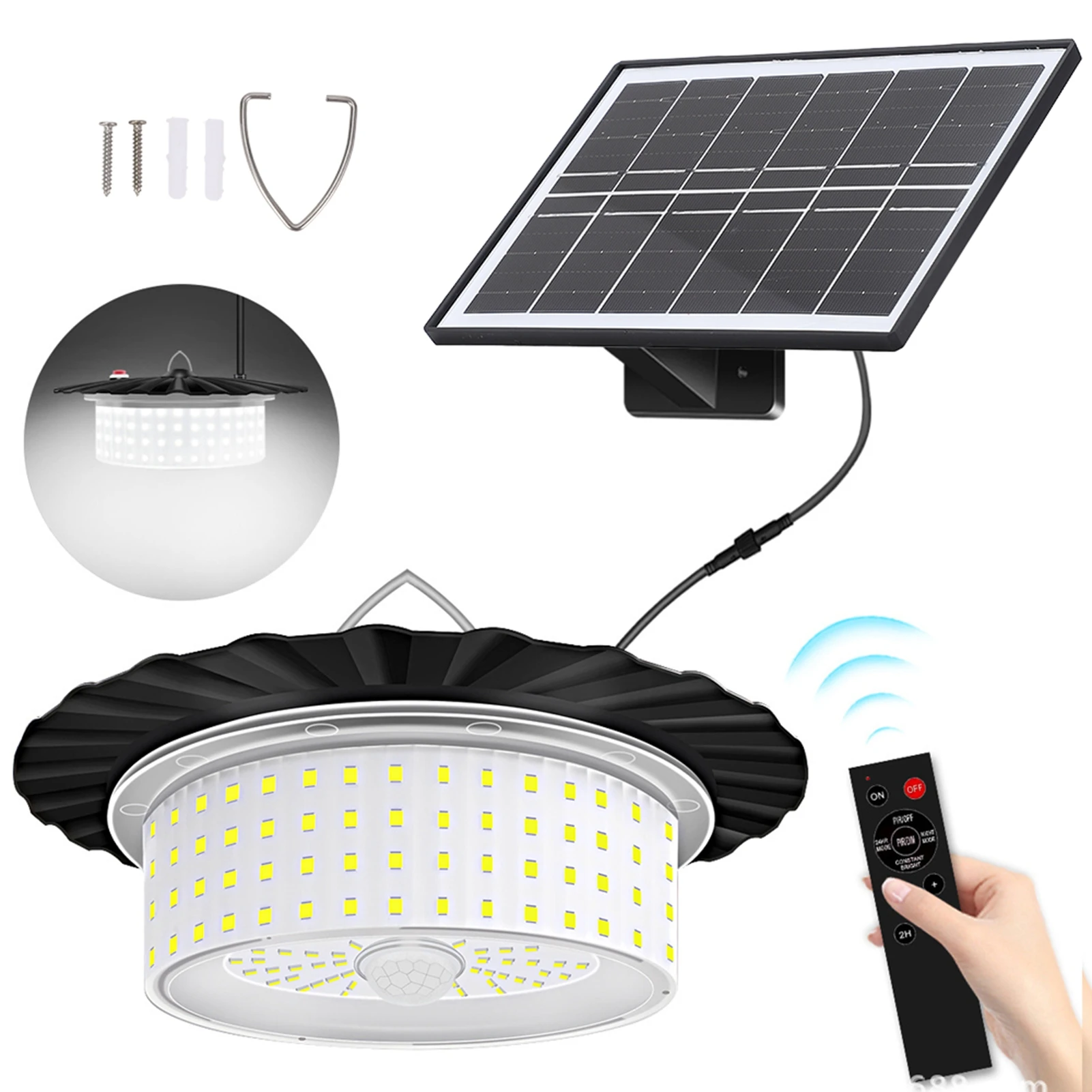 

Solar Pendant Light Water Resistant LED Shed Light 5 Light Modes Motion Sensor Timer Pendant Lamp with Remote Controller for Ind