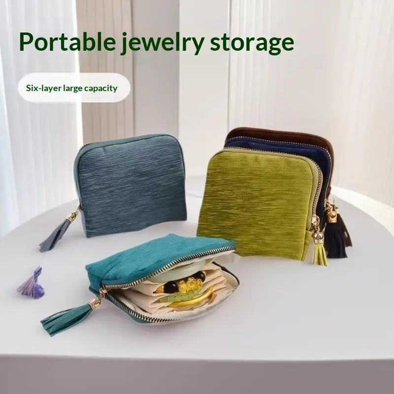 Velvet Portable Jewelry Storage Bag 6 Large Capacity Layers Tassel Zipper Anti-dust Pouch for Daily Jewelry Collection