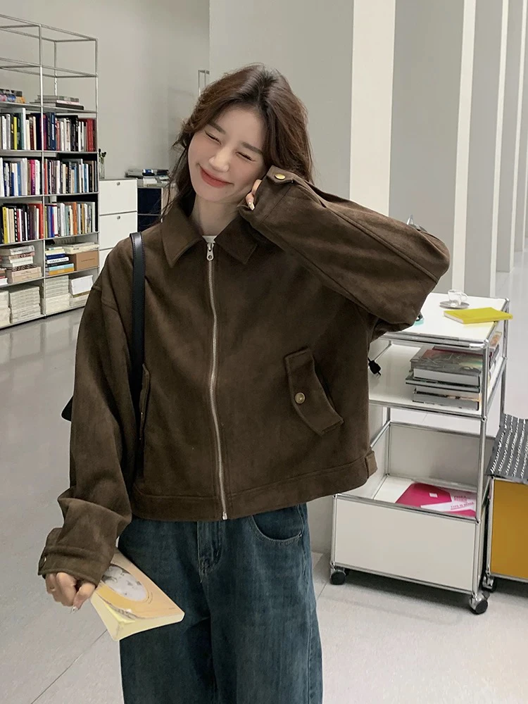 Fall New Brown Mermaid Deer Skin Velvet Jaet Women ort American Retro Motorcycle Jaet Top Loose Fit Commute Sle