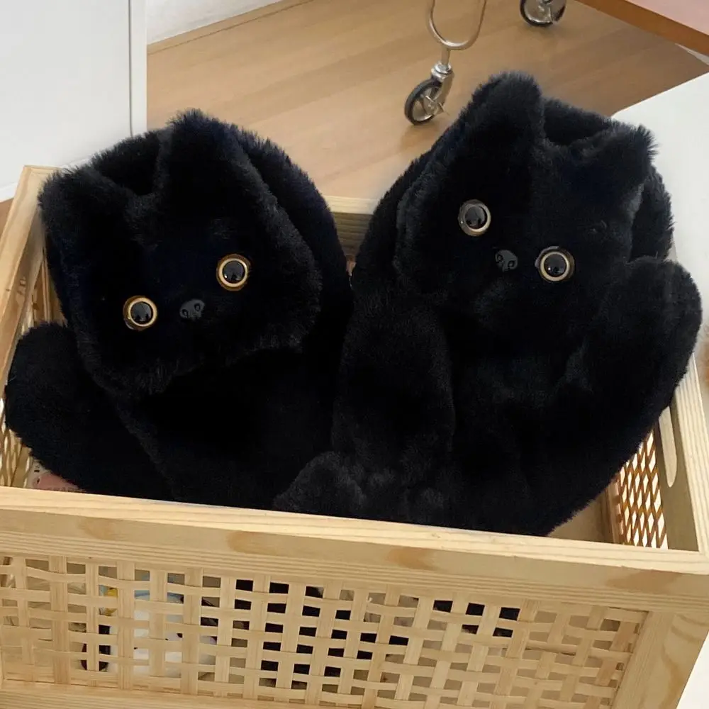 Soft Cute Black Cat Fur Gloves Cartoon Thicken Kitty Mitten Warm Plush Cat Halter Gloves Outdooor