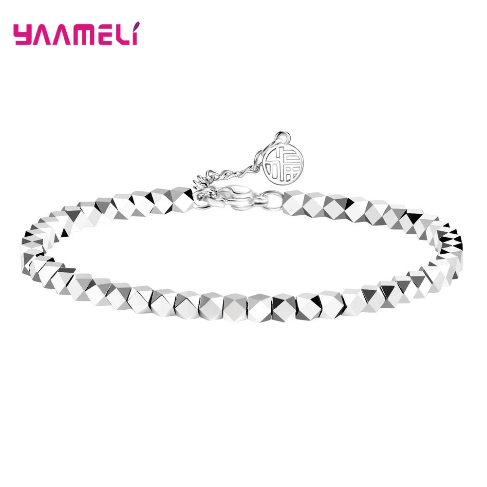 925 Sterling Silver Jewelry Wristband Geometric Square Beads Bracelets for Men Women Unisex Fashion Hand Accessories 17CM+4CM