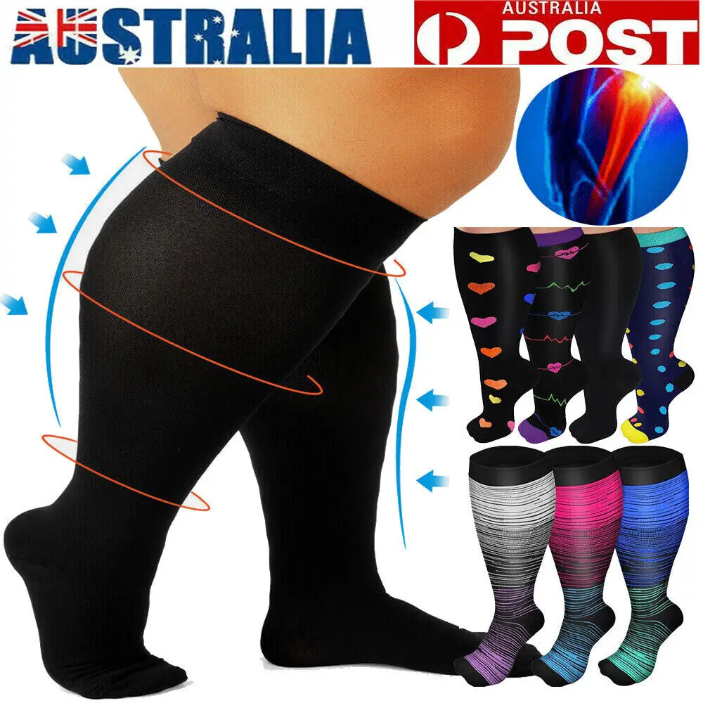 Women Men Plus Size  Compression Socks Wide Calf Leg 20-30 mmHg 2XL-6XL for Marathon Cycling Football Varicose Veins Stockings