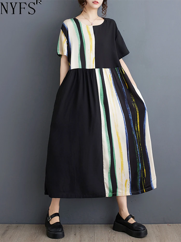 

NYFS 2024 Summer New Korea Woman Dress Vestidos Robe Elbise Loose Plus Size Short Sleeve Striped Patchwork Long Dress