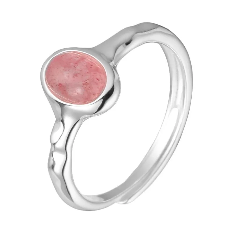 Fashion 925 Sterling Silver Color Resizable Opening Rings Sweet Cute Oval Strawberry Crystal Ring For Women Girls Party Gift