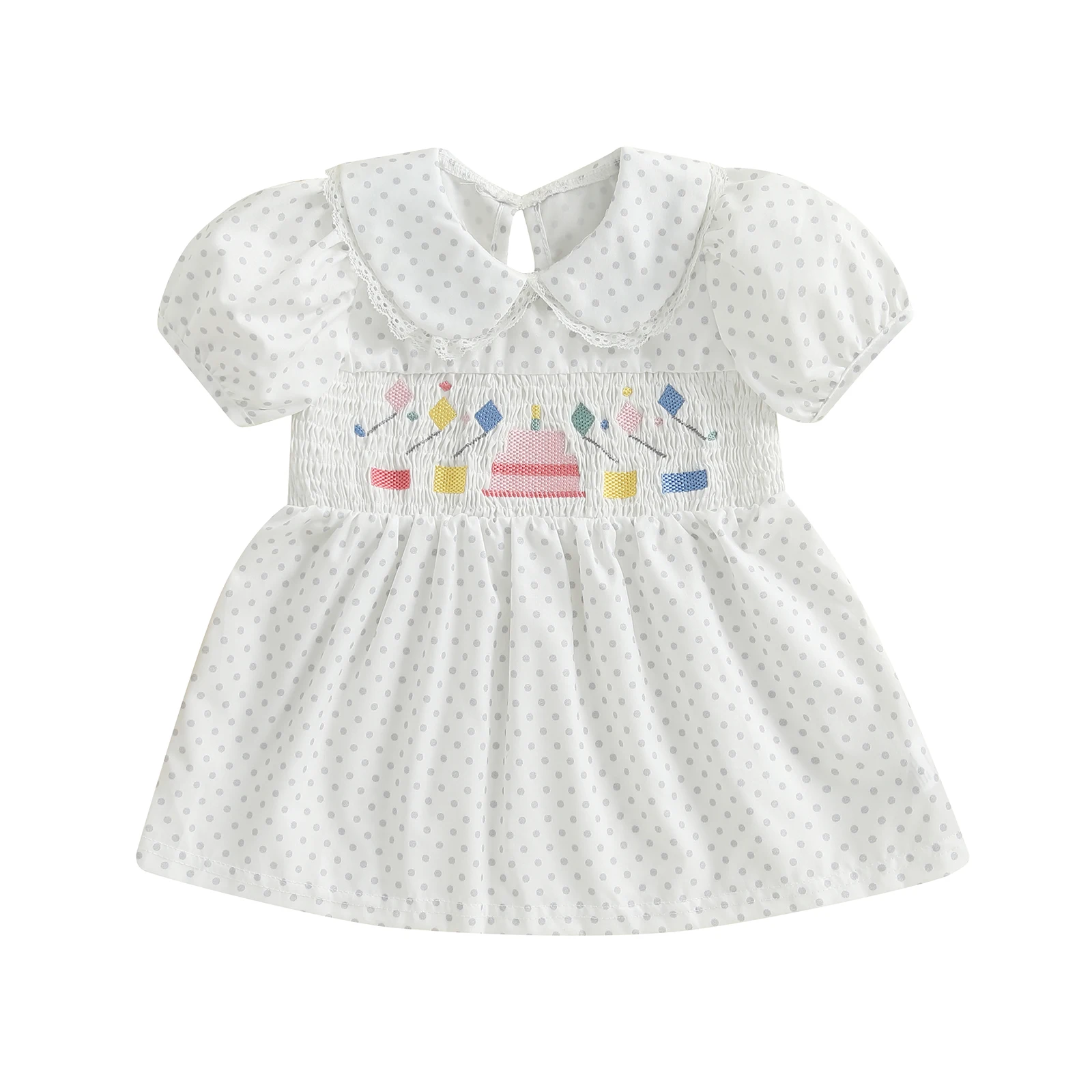 

Baby Girls Birthday Dress Birthday Cake Embroidery Dot Print Lace Trim Doll Collar Short Sleeve Casual Dress Summer Dress