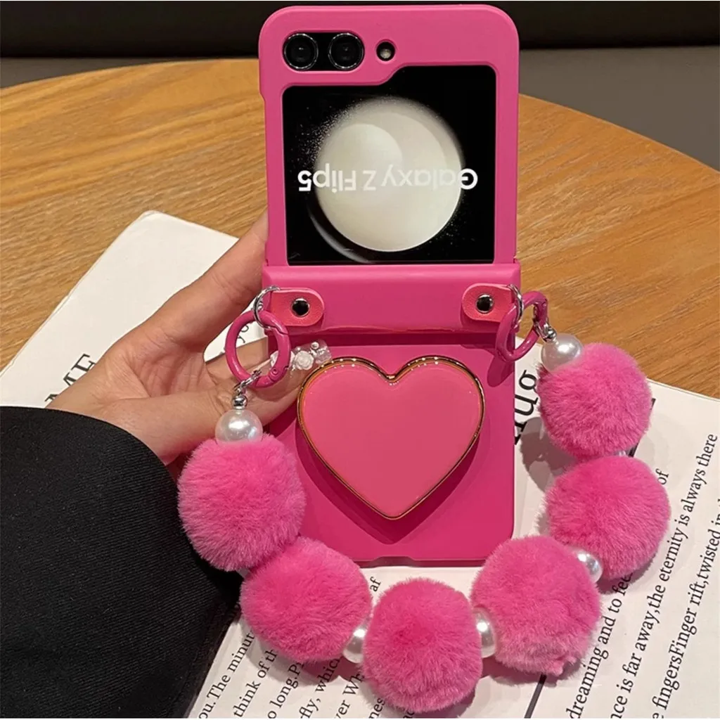 Soporte de perlas de amor rojo rosa con bola de felpa, funda Chian de mano para Samsung Galaxy Z Flip 7 FE 6 5 4 3 5G, cubierta a prueba de golpes con bisagra