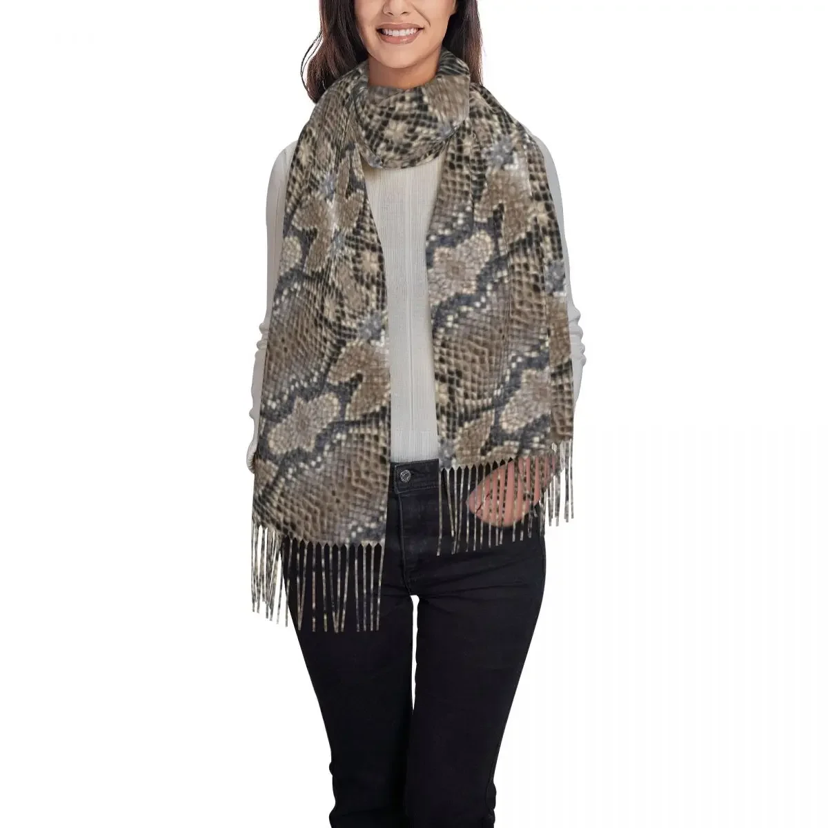 Classic Snakeskin Scarf with Tassel Greys and Silvers Snake Skin Outdoor Shawls and Wraps Women Headwear Scarves Autumn Foulard