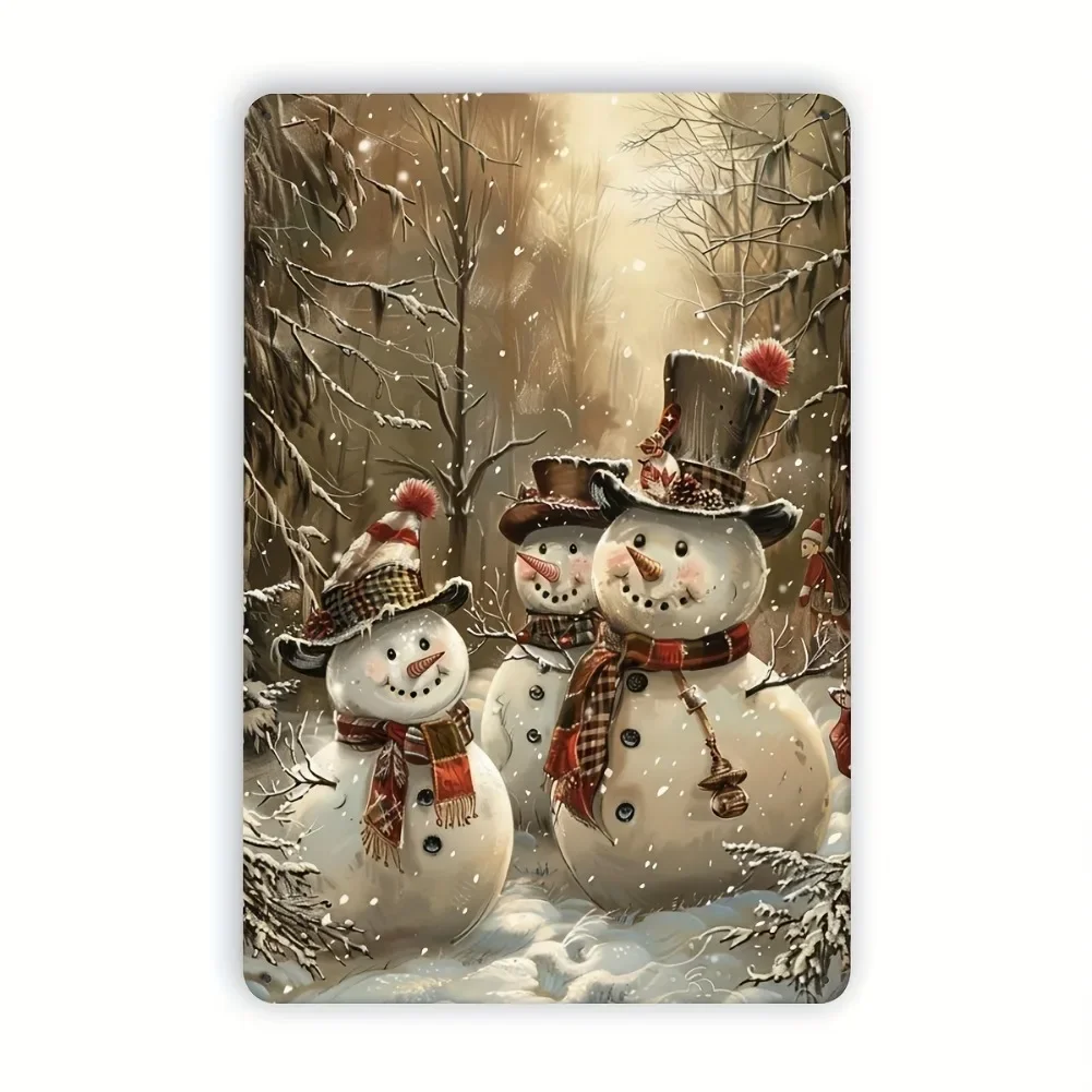 Letrero de metal de muñeco de nieve de Navidad vintage plano 2D de 8x12 pulgadas - Escena de bosque de invierno, decoración de bar de cafetería en casa, arte del país de las maravillas de invierno
