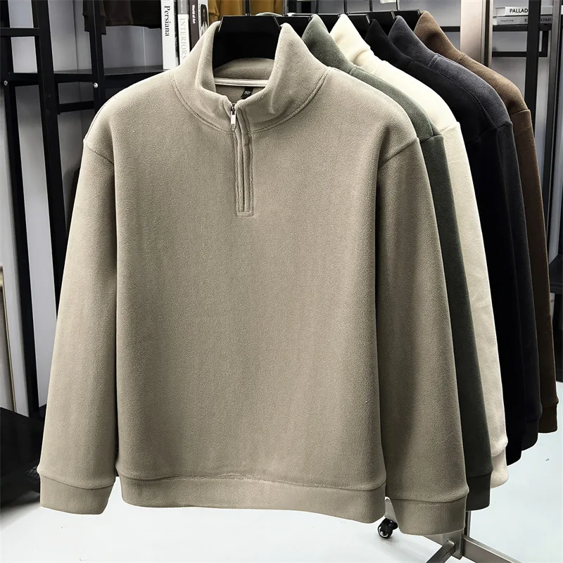 بلوفر رجالي أنيق بنصف سحاب وياقة واقفة من المخمل عالي الجودة مريح للخريف والشتاء الدافئ بلون سادة سترة جديدة غير رسمية #5